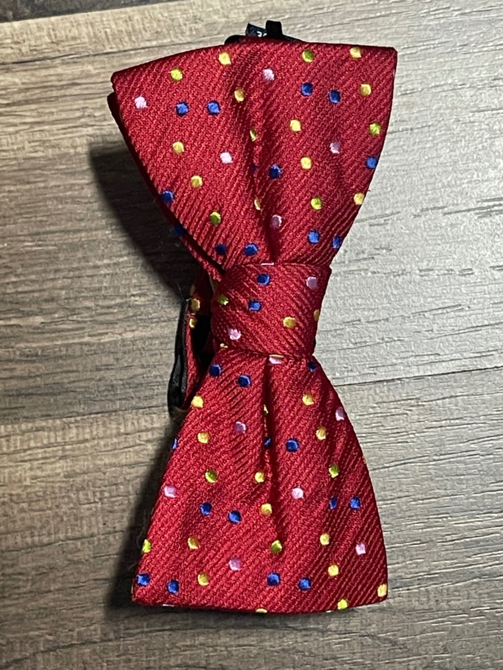 Red Saddlebred Bow Tie with multi-colored polka dots 14.5”-20” adjustable